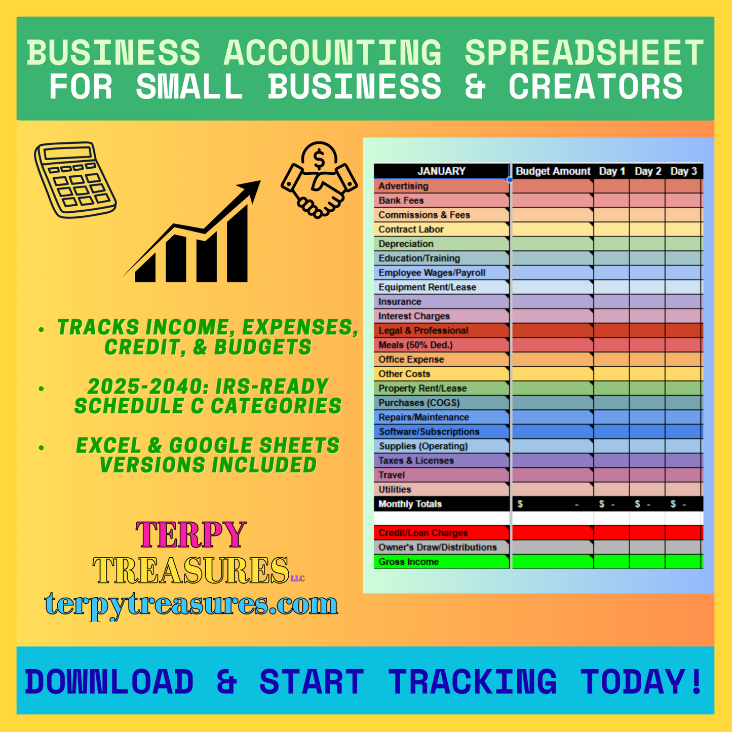 Business Accounting Spreadsheet (2025–2040) IRS-Ready Schedule C Small Business Budget & Expense Tracker