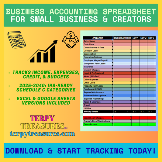 Business Accounting Spreadsheet (2025–2040) IRS-Ready Schedule C Small Business Budget & Expense Tracker