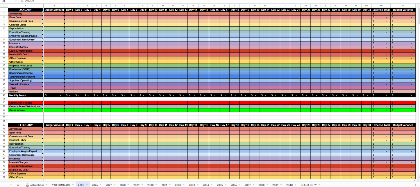 Business Accounting Spreadsheet (2025–2040) IRS-Ready Schedule C Small Business Budget & Expense Tracker