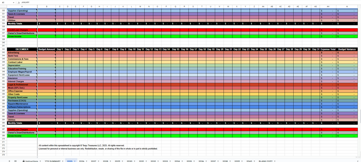 Business Accounting Spreadsheet (2025–2040) IRS-Ready Schedule C Small Business Budget & Expense Tracker