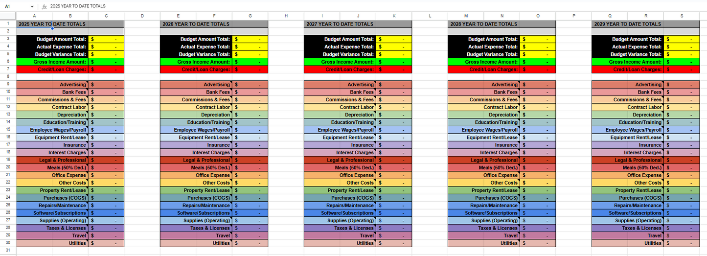 Business Accounting Spreadsheet (2025–2040) IRS-Ready Schedule C Small Business Budget & Expense Tracker